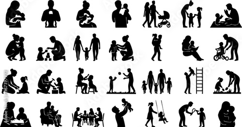 Parenting and family care silhouettes set, mother father with children daily activities vector icons