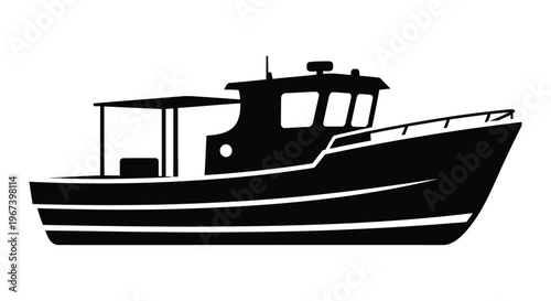 Classic fishing boat vector graphic illustration, a traditional marine trawler silhouette design for nautical themes.