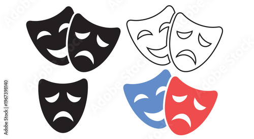 Vector illustration showcasing classic comedy and tragedy theater masks in various design styles for drama.