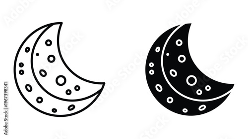Contrasting depictions of crescent moons with star patterns in black and white designs