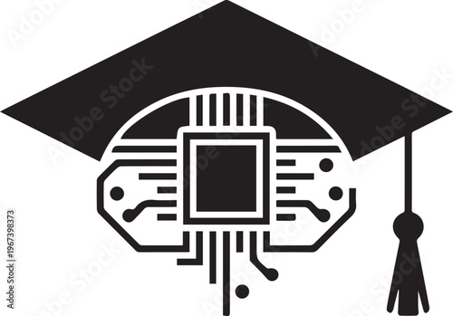 Graduation cap with digital brain and microchip icon symbolizing education technology smart learning and future academic success in black art