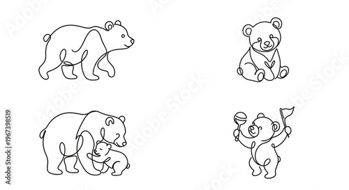 Cute bear line art illustration – minimalist baby shower and nursery design
