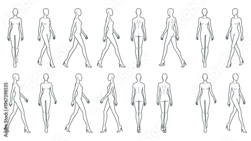 Female fashion models walking and standing poses.