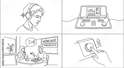 Hearing test concept line art – minimalist audiology and ear care illustration