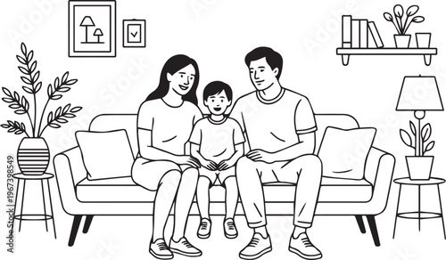 Happy family sitting on sofa in living room together black and white line art illustration of parenthood and domestic life interior style