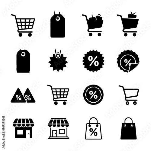 Vector icon set for e-commerce, featuring shopping carts, price tags, and discount symbols