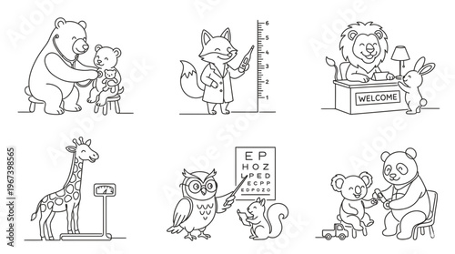 Doctor and child line art illustration – minimalist pediatric healthcare continuous line drawing