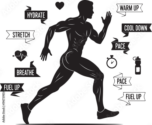 Black silhouette of a running man with fitness and running related words and around him