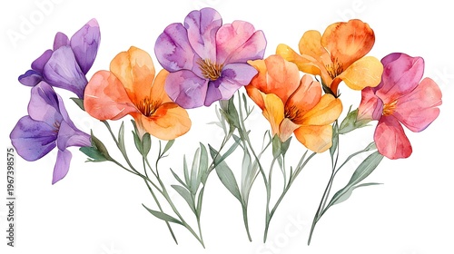 Brightly colored blossoms with delicate green stems are arranged horizontally across a clean white background.