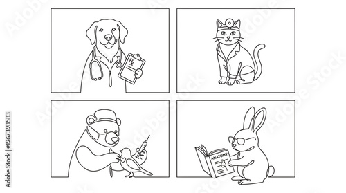 Veterinary care line art illustration – minimalist animal doctor and pet healthcare concept
