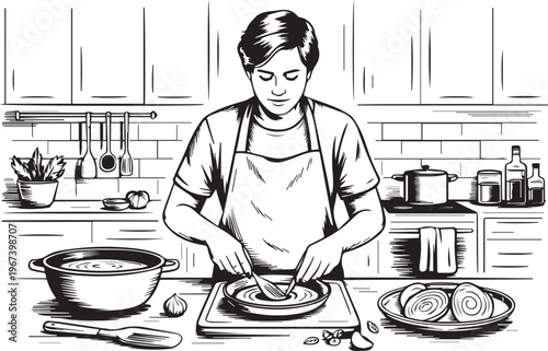 Man in apron chopping ingredients in kitchen, cooking healthy food and meal preparation concept, culinary hobby