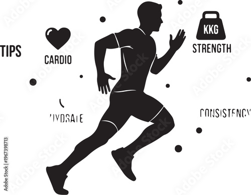 Black silhouette of a running man with fitness and text