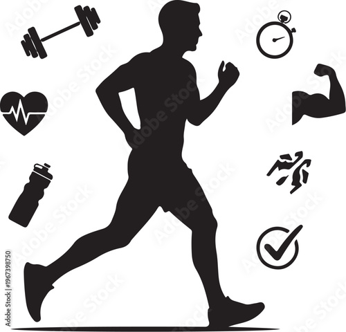 Black silhouette of a running man with fitness exercise