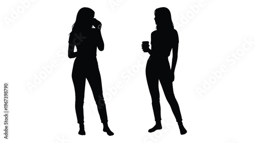 Two women silhouetted against a white background each holding a beverage
