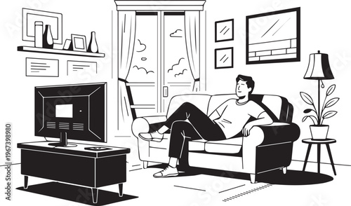 Man relaxing on sofa at home watching television in modern living room black and white line art illustration of leisure and interior style