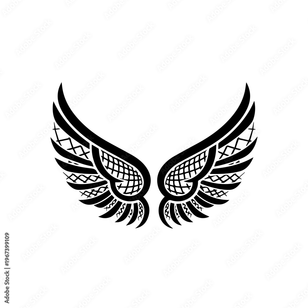 Fototapeta premium Elegant artistic graphic illustration of a pair of symmetrical decorative wings with intricate patterns