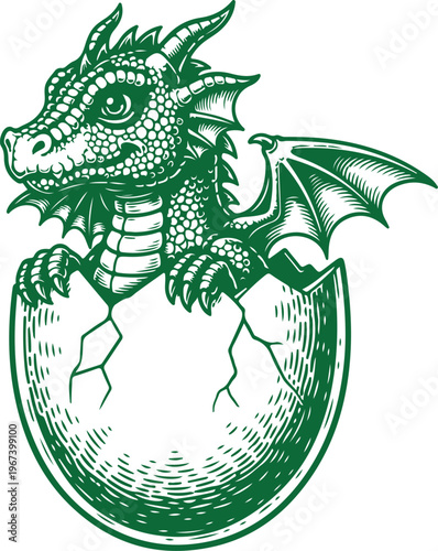 Ancient dragon emerging from a cracked egg with detailed wings and scales Vector, illustration