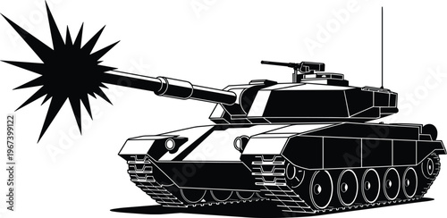 Black silhouette of a military tank firing a projectile with a starburst explosion emanating from the barrel on a white background
