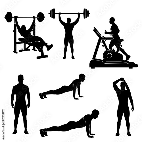 Silhouettes of people exercising and using gym equipment for fitness