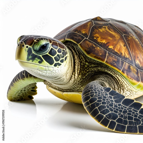 Close-up studio photography of a green sea turtle showing detailed shell patterns, scaly skin texture, and flippers isolated on a white background with soft reflections below.