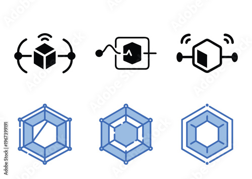 Isometric block icons representing data analytics and information processing paradigms