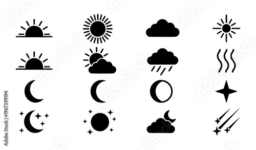 Sun and moon icon set silhouette day and night symbols sunrise sunset vector collection
