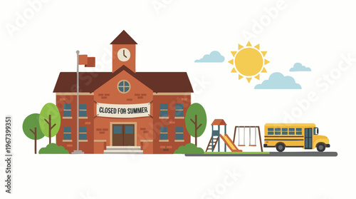 School building closed for summer vacation with playground and bus