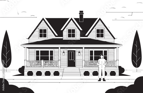 Woman standing in front of two story suburban house with porch and white fence in black and white minimalist flat vector style illustration