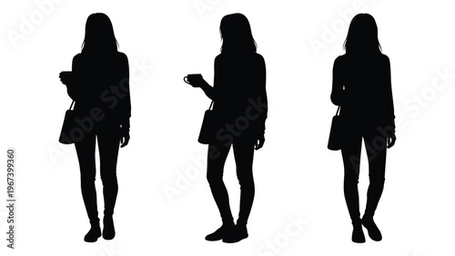 Three silhouetted women standing with purses and one holding a cup
