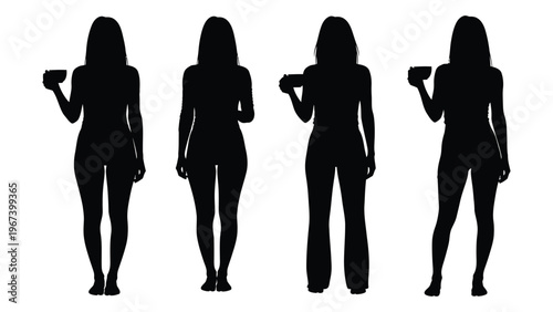 Silhouettes of four women in various poses holding drinks or cups