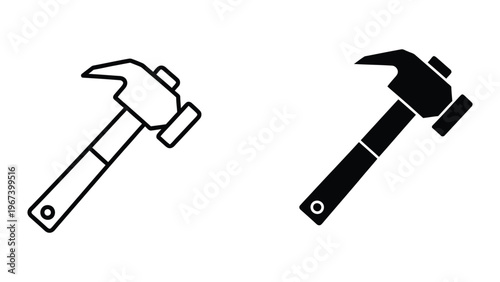 Comparison of a standard hammer and a sledgehammer in black and white outline