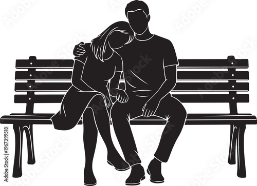 Black silhouette of couple sitting on park bench