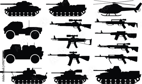 Grid of black silhouette featuring military vehicles including tanks helicopters and various firearms on a white background