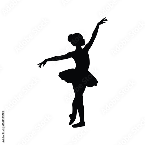 Silhouette of a young ballerina in a graceful pose, performing ballet on a white background.