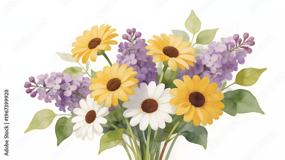 Naklejka premium Bouquet of sunflowers and lilacs