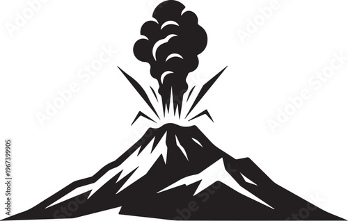 Black silhouette of erupting volcano with smoke and snow