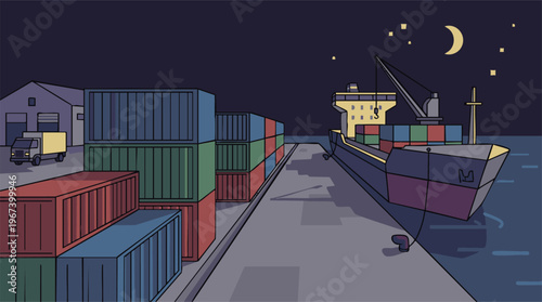 Cargo ship at commercial port with stacked containers at night