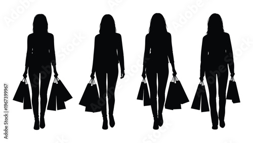 Four women silhouetted while carrying shopping bags viewed from the rear