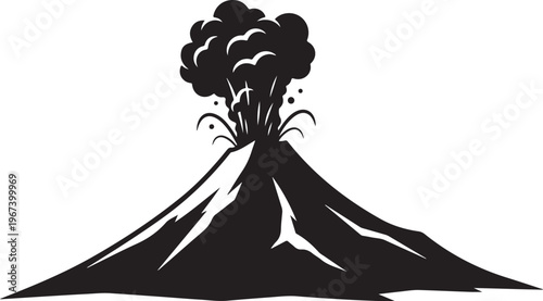 Black silhouette of erupting volcano with smoke and ash