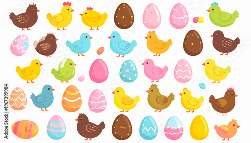 Colorful Easter Eggs and Cartoon Chickens.