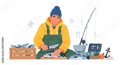 A fisherman in a yellow jacket cleans a fish with a knife on a wooden surface surrounded by fishing gear.
