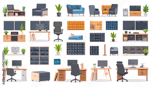 Office Furniture and Equipment Collection Illustration.