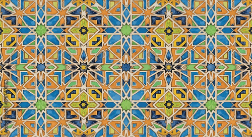 Intricate geometric mosaic pattern features repeating star and square shapes in vibrant orange, blue, and green hues on a textured background.