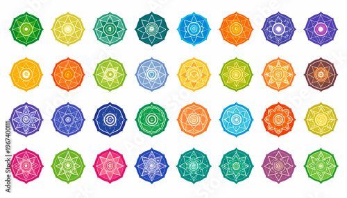 Colorful Mandala Patterns in Grid Formation.