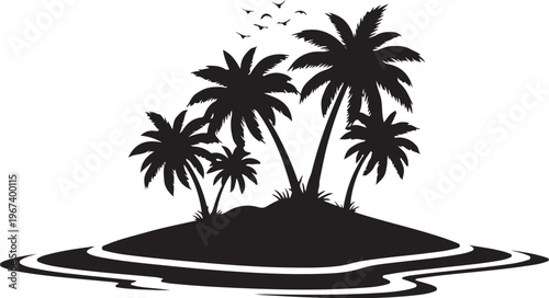 Black silhouette of island with palm trees and birds