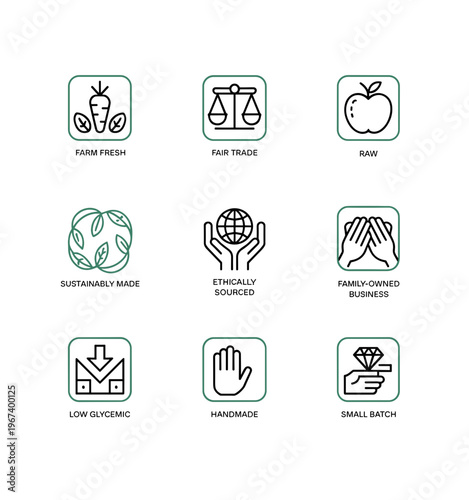 Sustainable Product Line Icons Set with Fair Trade Handmade Eco Packaging Symbols