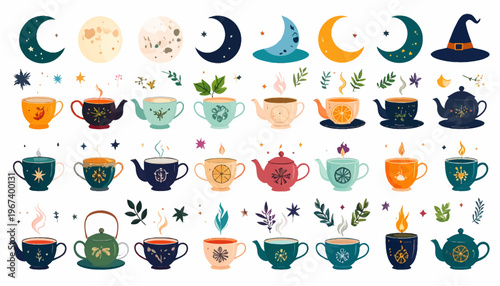 Colorful Teacups and Magical Symbols Illustration.
