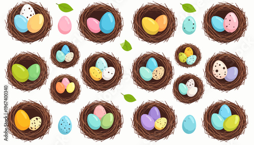 Colorful Easter Eggs in Nests Display.