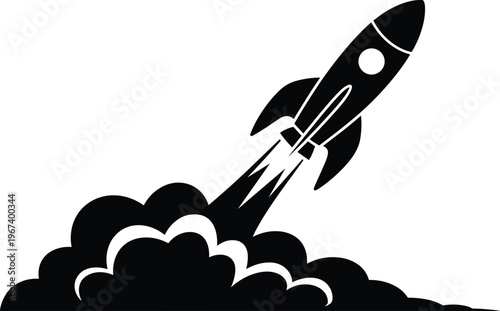Stylized black silhouette of a rocket launching upwards with fiery exhaust plumes and smoke clouds signifying space exploration innovation and rapid ascent