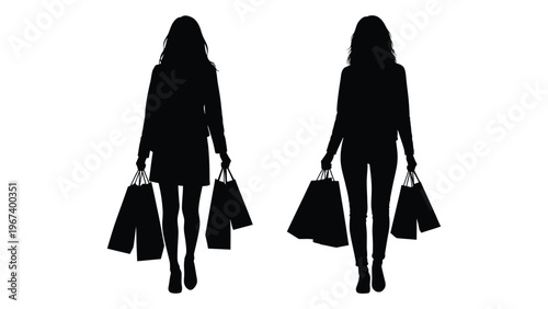 Two women silhouettes walking forward each carrying shopping bags high quality
